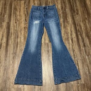 Risen Jeans Women's 9/29 Flare Patch Pocket High Rise Stretch Denim